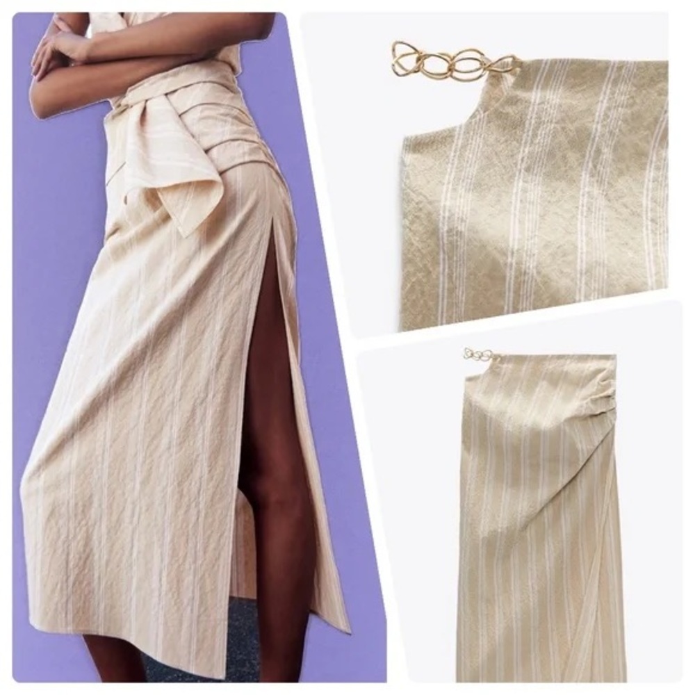 Zara Striped Beige and White Midi Skirt size small